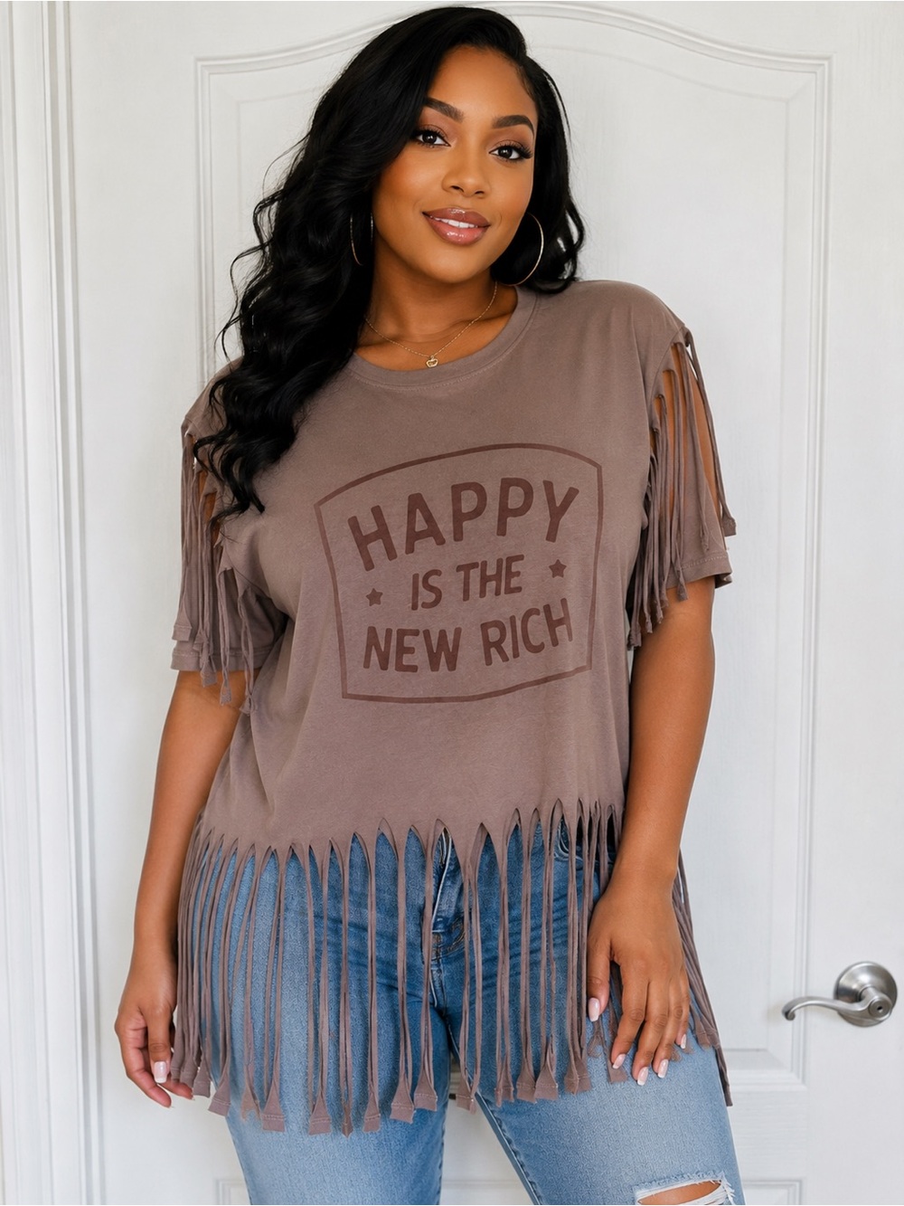 Happy Is The New Rich Fringe graphic Tee - Brown size L